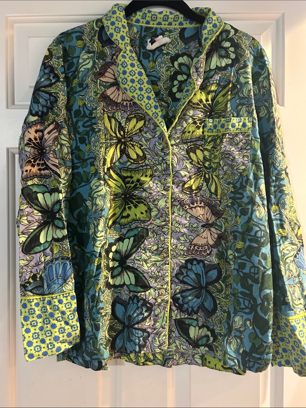 Anthropologie Multicolor Butterfly-Print Pajama Top - Teal, Lime, Blue